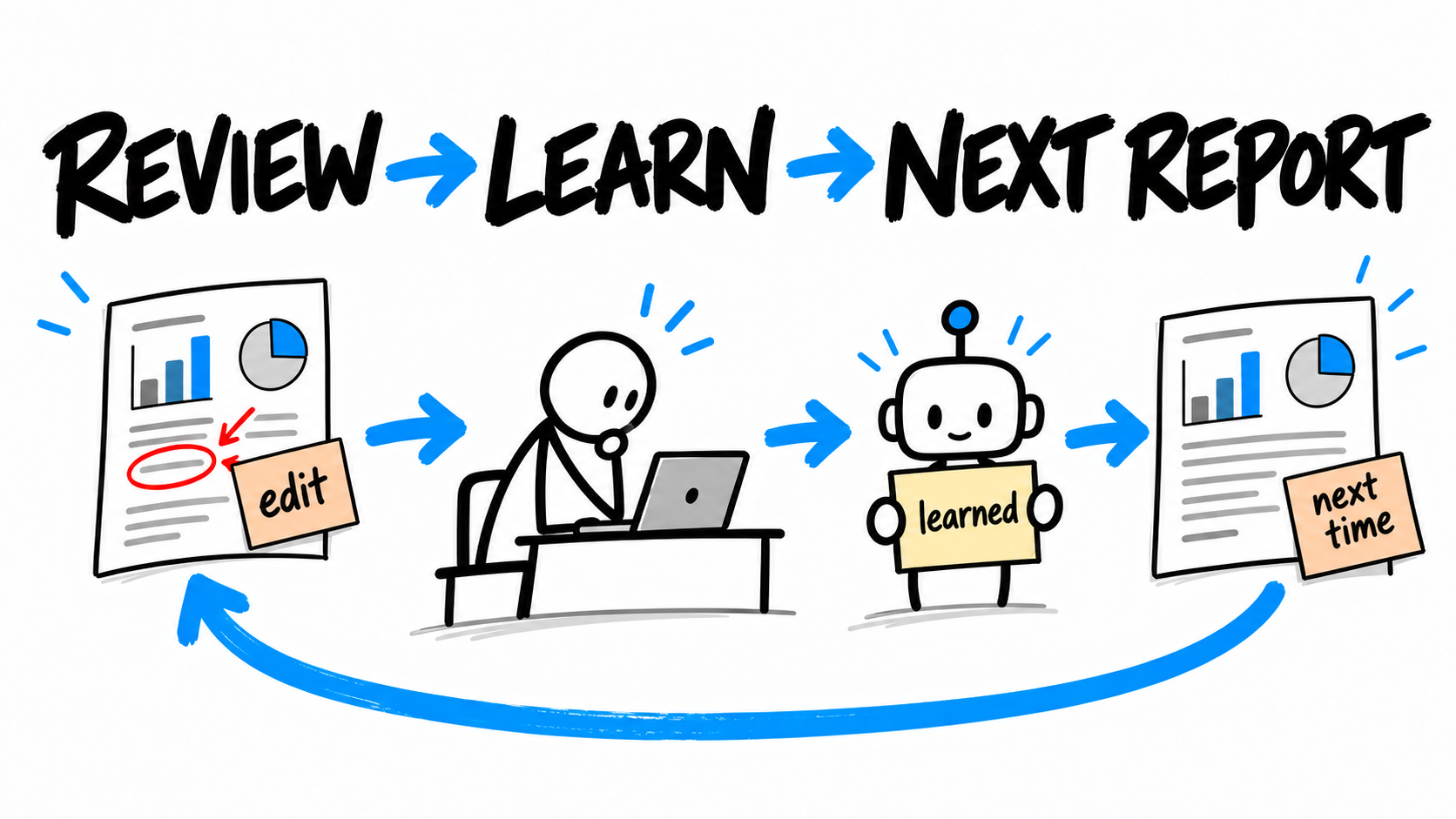 An AI reporting loop moves from data and report to human review, learning and the next cycle.